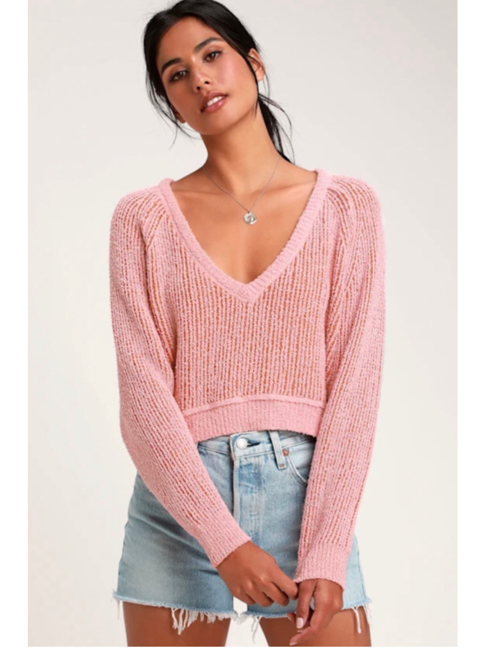 Free People Knit Sweater Size Medium Crop Pink Orange Vneck Hi Low Stripe Coral
